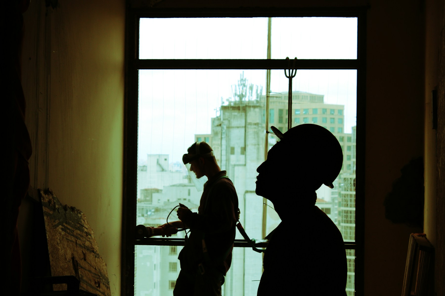Illustrative construction workers discussing a worksite